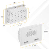 The Mount-It! In-Wall Media Box - Small is a white wall-mounted power unit with front dimensions 15.75 x 10.95 x 3.9" and back dimensions 14.3 x 9.5 x 3.9", ideal for recessed storage and clean TV setups, featuring multiple outlets and ventilation holes.