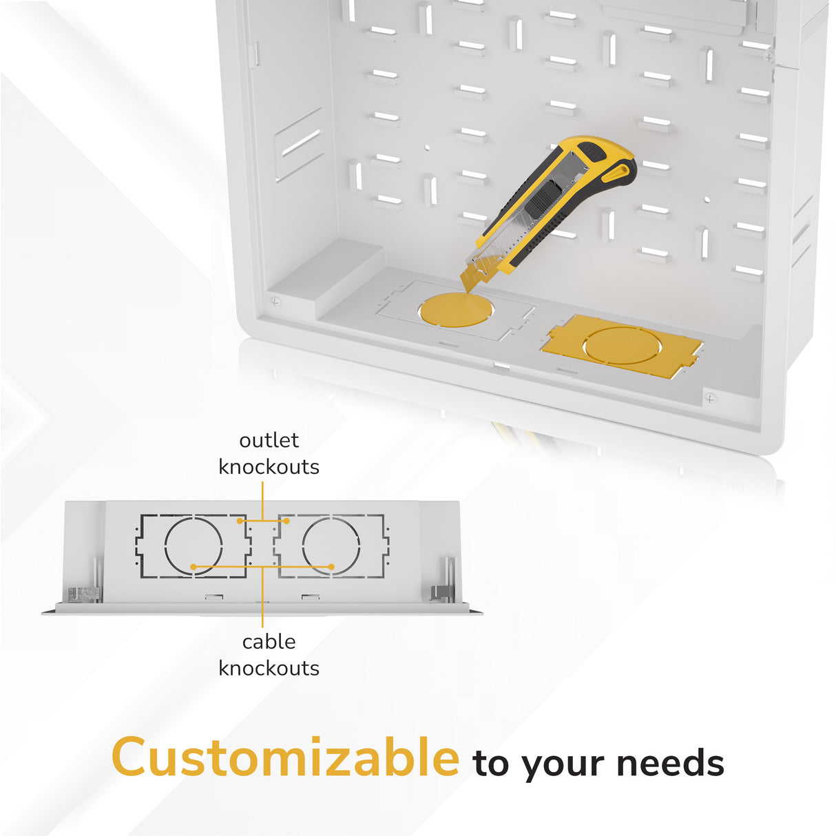 A Mount-It! In-Wall Media Box - Large is shown in white with punch-out knockouts. A utility knife points to a knockout. Below, labels show outlet and cable knockouts. Text: Customizable Wi-Fi transparent enclosure for your needs.