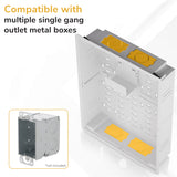 A graphic displays the Mount-It! In-Wall Media Box - Large in white with yellow knockouts, labeled "Compatible with multiple single gang outlet metal boxes." A smaller image shows a single gang metal box, marked "not included.