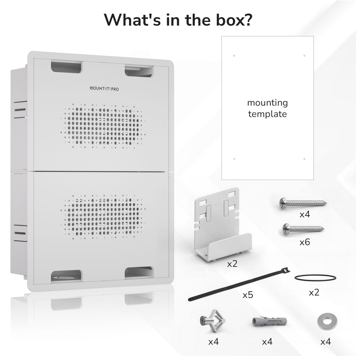 The Mount-It! In-Wall Media Box - Large includes the main unit, mounting template, two metal brackets, hardware, cable ties, and a rubber ring—everything needed for a recessed box or Wi-Fi transparent media device organizer.