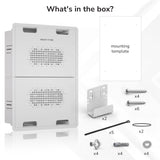 The Mount-It! In-Wall Media Box - Large includes the main unit, mounting template, two metal brackets, hardware, cable ties, and a rubber ring—everything needed for a recessed box or Wi-Fi transparent media device organizer.