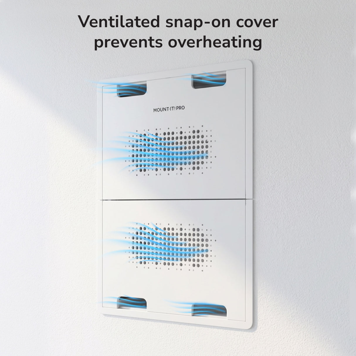 The Mount-It! In-Wall Media Box - Large features a white ventilated snap-on cover, allowing blue airflow to prevent overheating. Wi-Fi transparent enclosure is labeled with the brand name above: Mount-It!.