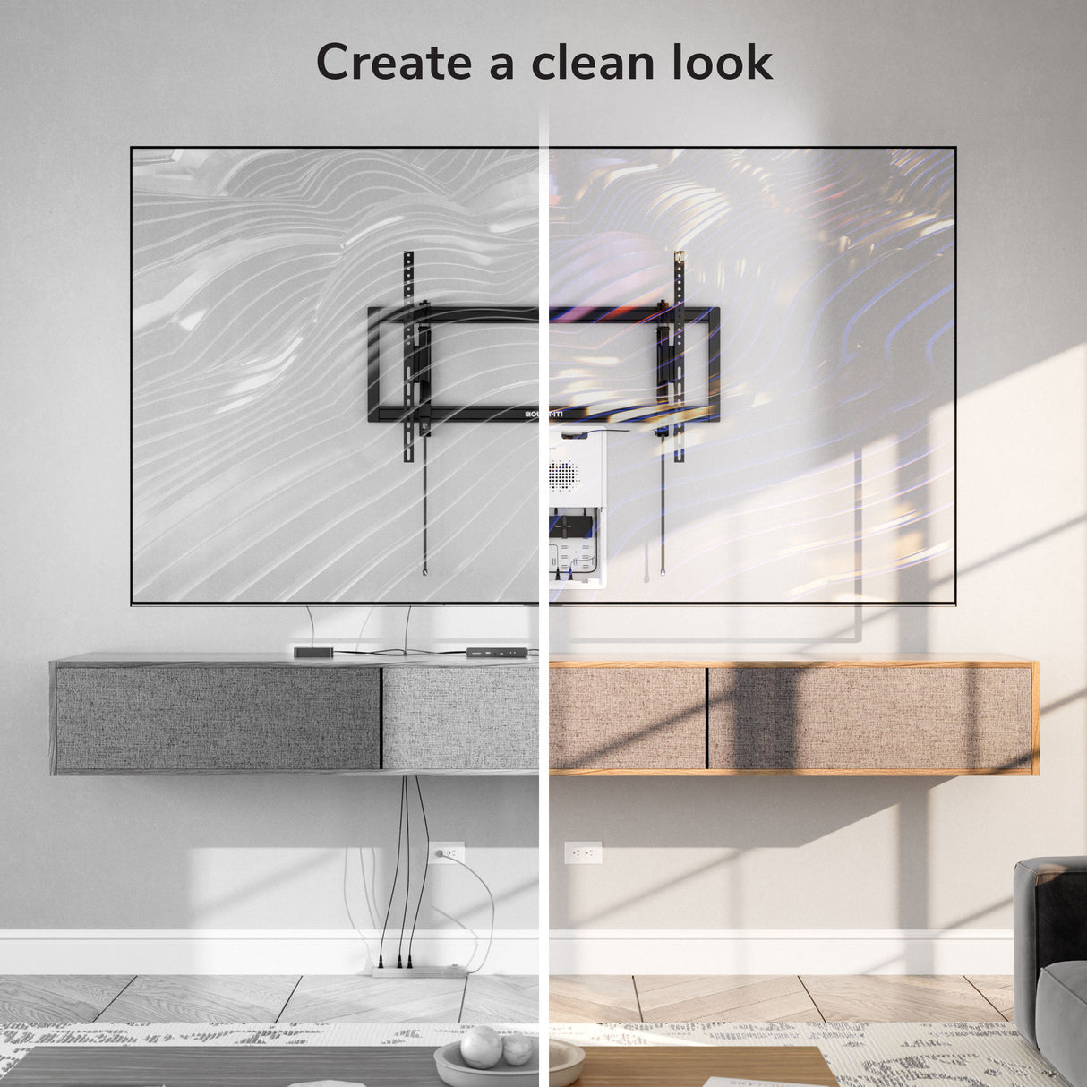 A living room wall with a mounted TV: the left side shows messy cables, while the right features the Mount-It! In-Wall Media Box - Large for hidden cable storage and a neat look. Text above reads, Create a clean look.