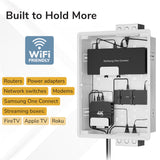 The Mount-It! In-Wall Media Box - Large organizes routers, modems, Samsung One Connect, 4K streaming boxes, and adapters. A Wi-Fi icon shows device mounting and compatibility next to the sleek wall-mounted box.
