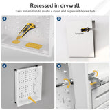 Mount-It! In-Wall Media Box - Large: Step-by-step installation includes cutting drywall, using a template, inserting the box, and securing with screws. Four labeled images show device mounting and Wi-Fi-transparent design features.