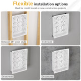 The Mount-It! In-Wall Media Box - Large offers flexible installation options between 16-inch wood studs, in drywall, on drywall, and on concrete.