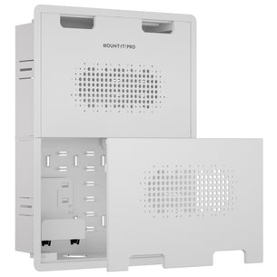 The Mount-It! In-Wall Media Box - Large is a white, rectangular recessed unit with ventilation holes, a removable front panel, and Wi-Fi transparent internal mounting slots for components.