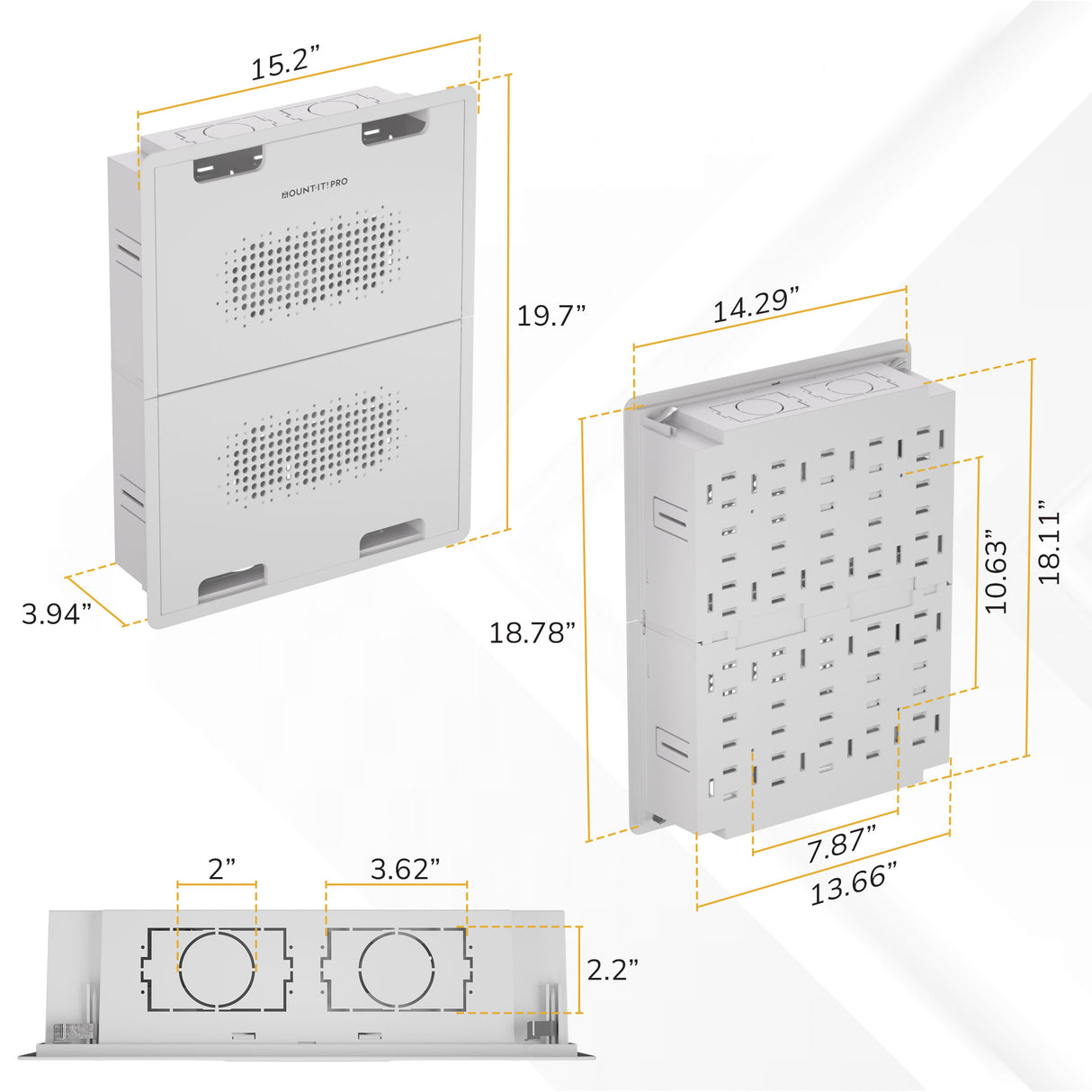 Three views of the Mount-It! In-Wall Media Box - Large, a white rectangular organizer with ventilation holes, shown with dimensions 15.2x19.7x3.94", 14.29x18.11x7.87", and 13.66x2.2x3.62"—perfect for neat installations.