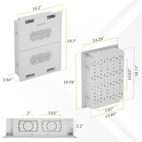 Three views of the Mount-It! In-Wall Media Box - Large, a white rectangular organizer with ventilation holes, shown with dimensions 15.2x19.7x3.94", 14.29x18.11x7.87", and 13.66x2.2x3.62"—perfect for neat installations.