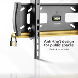Close-up of the Mount-It! Locking Anti-Theft TV Wall Mount securing a gold bar with a padlock (padlock not included); features anti-theft design for public spaces, built-in level, and supports VESA 400x400.