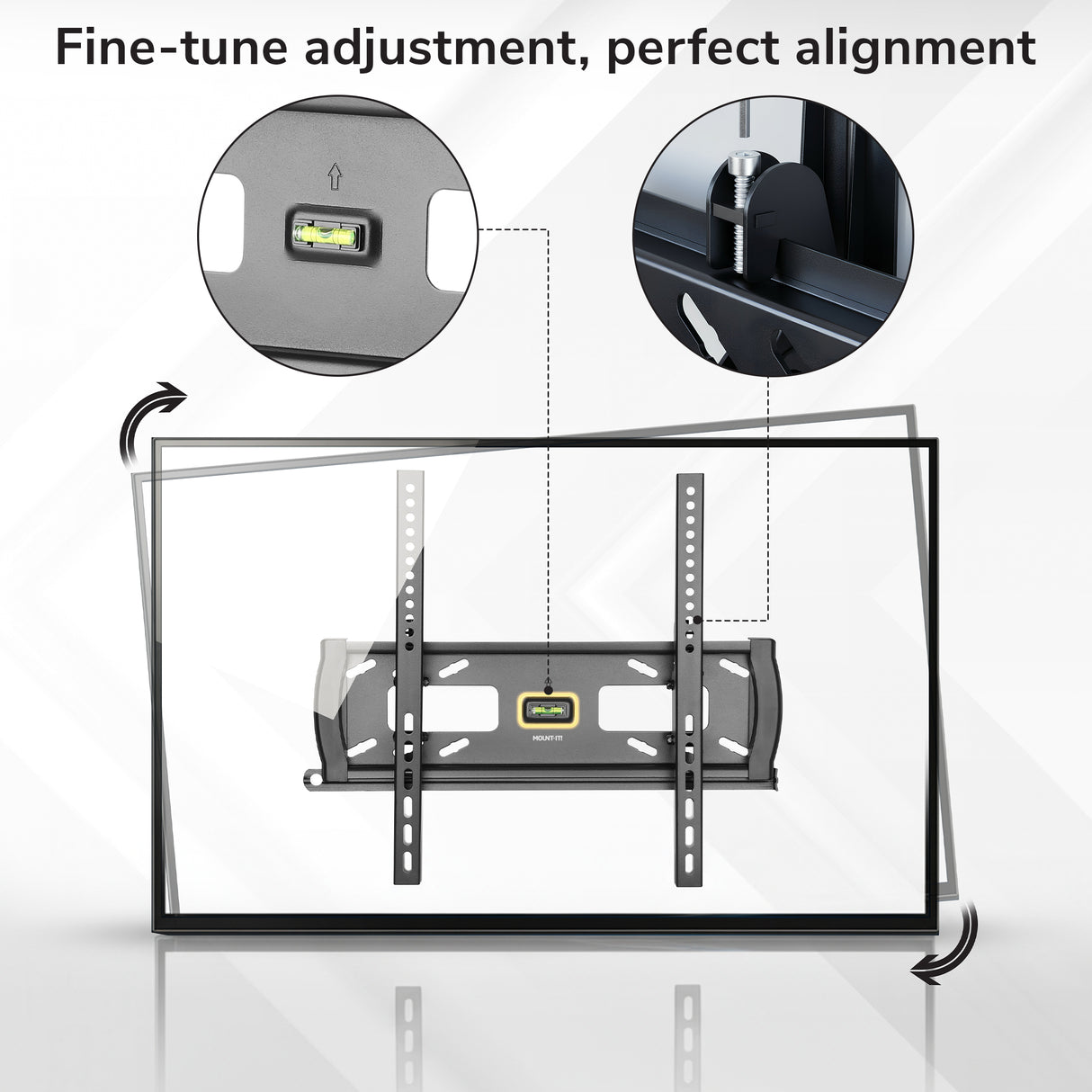Mount-It! Locking Anti-Theft TV Wall Mount features a built-in level for precise tilt adjustment. Close-up insets show the level and an adjustable screw. Text at top reads, Fine-tune adjustment, perfect alignment.