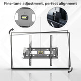 Mount-It! Locking Anti-Theft TV Wall Mount features a built-in level for precise tilt adjustment. Close-up insets show the level and an adjustable screw. Text at top reads, Fine-tune adjustment, perfect alignment.