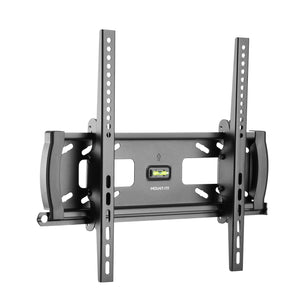 The Mount-It! Locking Anti-Theft TV Wall Mount in black fits flat-screen TVs, offers adjustable vertical bars, VESA 400x400 support, multiple screw holes, and a central built-in spirit level for easy alignment.