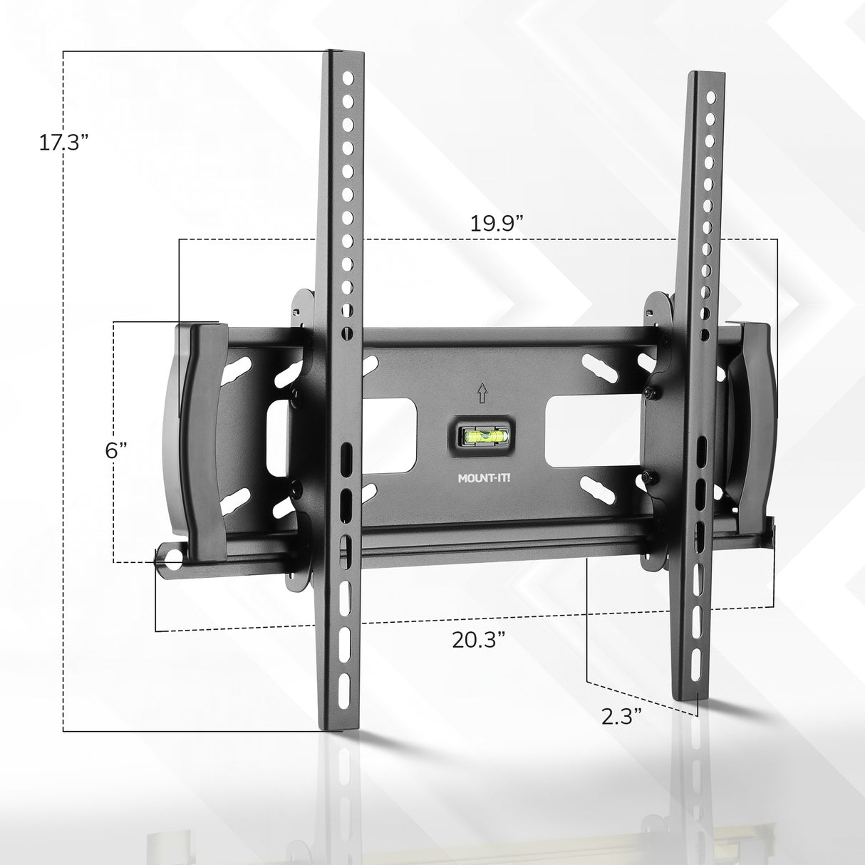 The Mount-It! Locking Anti-Theft TV Wall Mount features black metal, multiple slots, vertical arms, VESA 400x400 support, integrated centered level, and dimensions of 17.3”H x 19.9”W x 6” side height x 2.3” arm extension x 20.3” base.