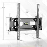 The Mount-It! Locking Anti-Theft TV Wall Mount features black metal, multiple slots, vertical arms, VESA 400x400 support, integrated centered level, and dimensions of 17.3”H x 19.9”W x 6” side height x 2.3” arm extension x 20.3” base.