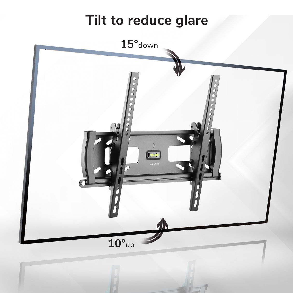 The Mount-It! Locking Anti-Theft TV Wall Mount is shown with VESA 400x400, tilting 15° downward and 10° upward to reduce glare. Black arrows highlight the tilt range. The top text reads, Tilt to reduce glare.