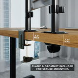 The Mount-It! Full Motion Dual Monitor Desk Mount for 32" screens is shown with clamp (3.3" max) and grommet (1.8" max) options securing it to a wooden desk. Text: Clamp & grommet included for secure mounting.