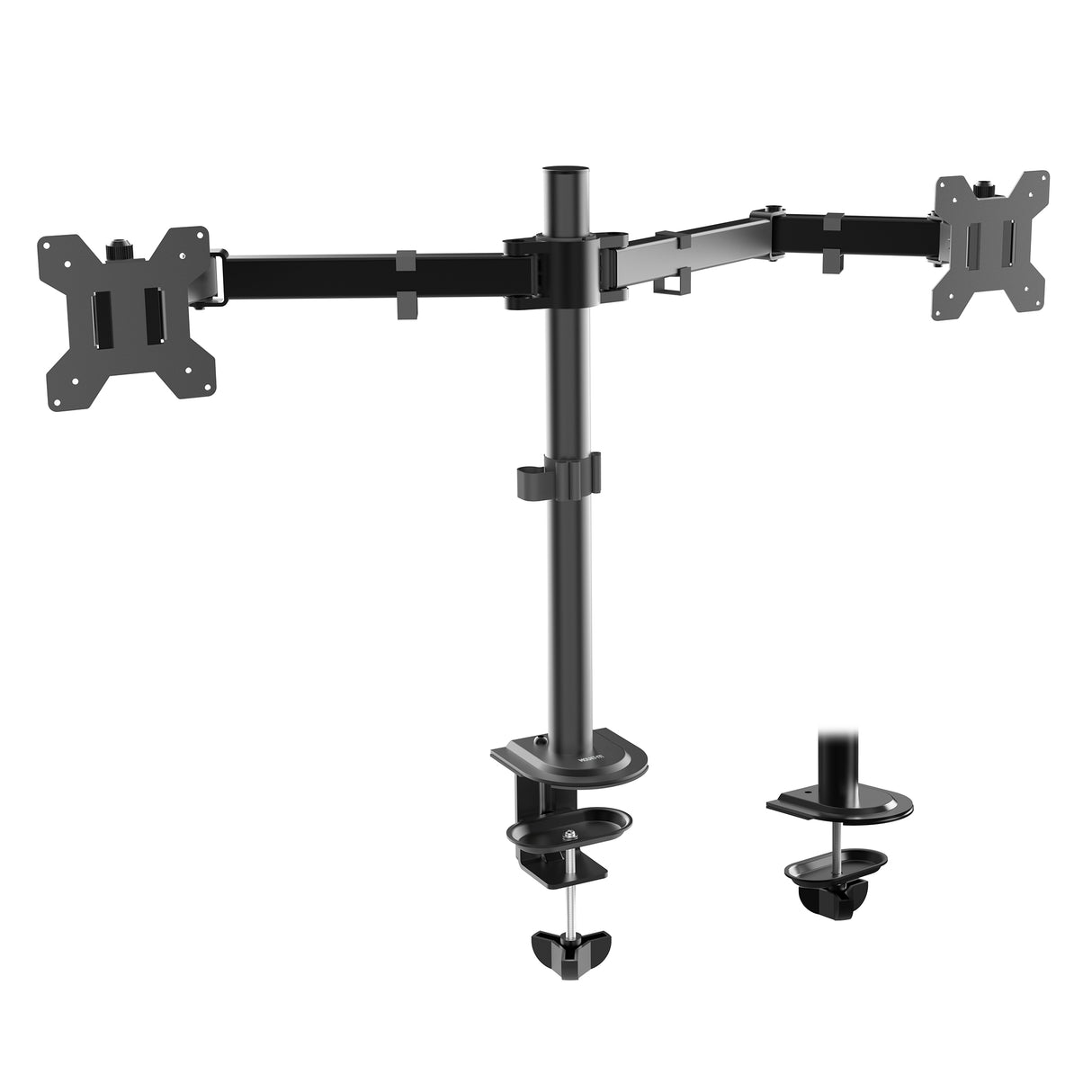The Mount-It! Full Motion Dual Monitor Desk Mount fits 32" screens, features height-adjustable arms and VESA-compatible brackets, and securely clamps to your desk while holding two monitors side by side on a central pole.