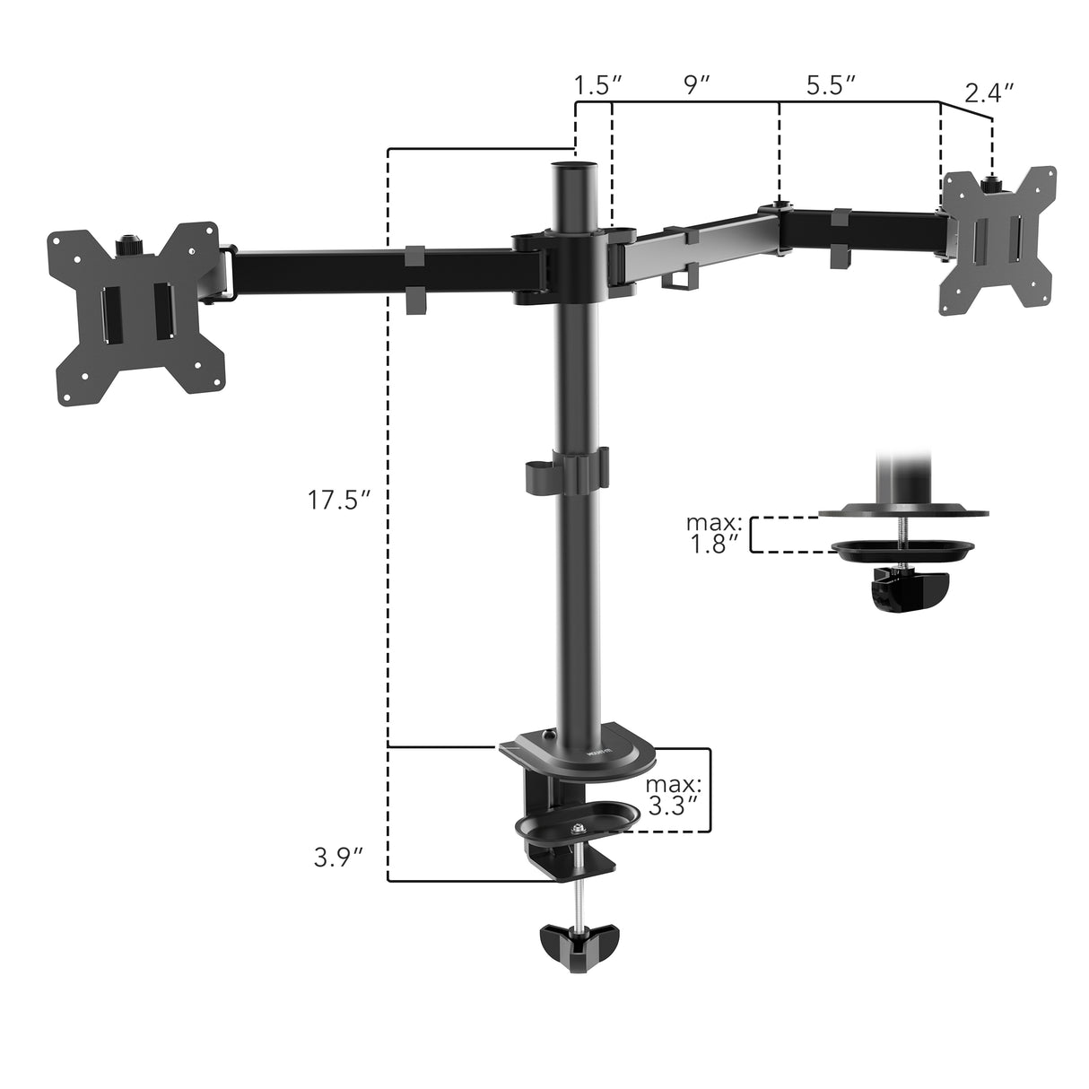 Diagram of the Mount-It! Full Motion Dual Monitor Desk Mount for 32" screens shows 17.5" height, arm lengths of 1.5”, 9”, 5.5”, and 2.4”, max clamp thickness of 1.8”, and clamp height of 3.9” for ergonomic dual screen setup.