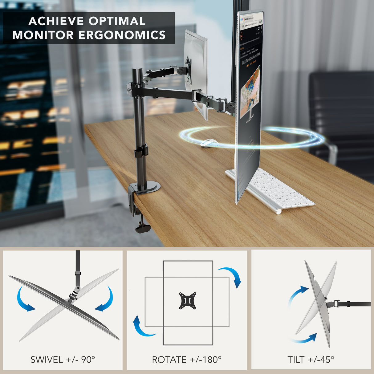 A Mount-It! Full Motion Dual Monitor Desk Mount fits 32" monitors, featuring 90° swivel, 180° rotation, and 45° tilt. Set in an office, icons highlight its adjustability. Text: Achieve Optimal Monitor Ergonomics.