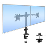 The Mount-It! Full Motion Dual Monitor Desk Mount in black holds two widescreen monitors side by side with adjustable arms, a secure desk clamp, and VESA compatibility. An inset shows the sturdy clamp and design features.