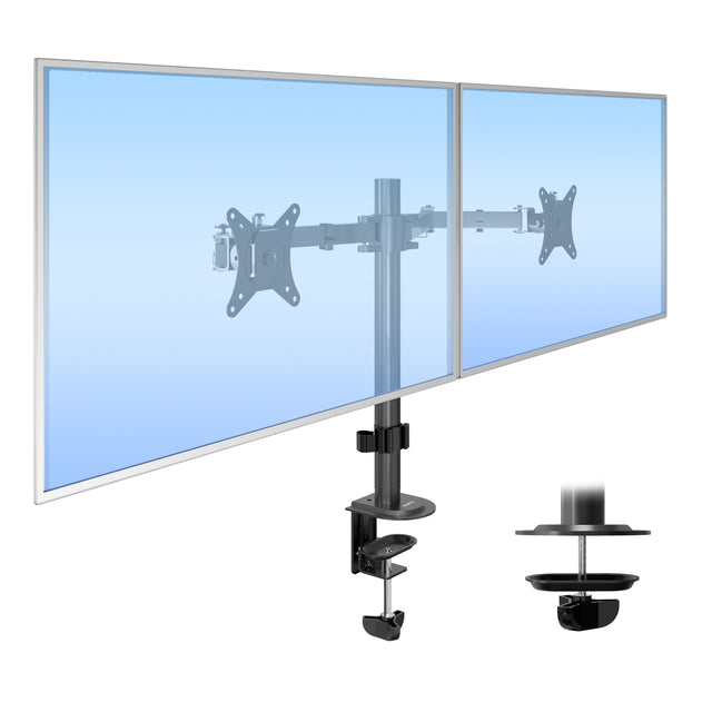 The Mount-It! Full Motion Dual Monitor Desk Mount in black holds two widescreen monitors side by side with adjustable arms, a secure desk clamp, and VESA compatibility. An inset shows the sturdy clamp and design features.