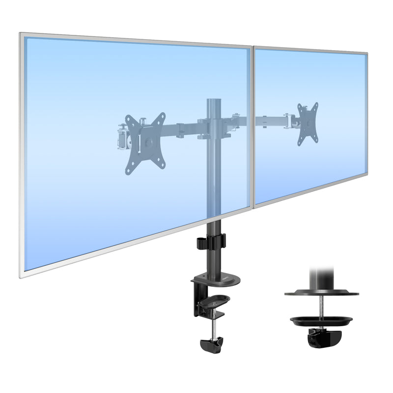 The Mount-It! Full Motion Dual Monitor Desk Mount in black holds two widescreen monitors side by side with adjustable arms, a secure desk clamp, and VESA compatibility. An inset shows the sturdy clamp and design features.