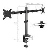Mount-It! Full Motion Dual Monitor Desk Mount with adjustable arms for ergonomic setup; arm spans: 1.5", 9", 5.5", 2.4"; vertical height: 17.5"; base height: 3.9"; max clamp thickness: 1.8"; VESA up to clamp width of 3.3".