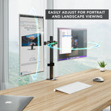 The Mount-It! Full Motion Dual Monitor Desk Mount offers ergonomic versatility with VESA-compatible arms for easy portrait and landscape display adjustment. Text overlay: Easily adjust for portrait and landscape viewing.