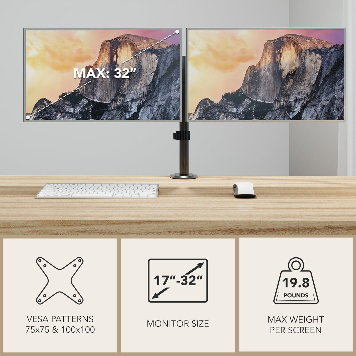 The Mount-It! Full Motion Dual Monitor Desk Mount fits VESA screens 17–32" (up to 19.8 lbs each), providing an ergonomic and tidy workspace by securely holding two monitors above your wooden desk, along with a keyboard and mouse.