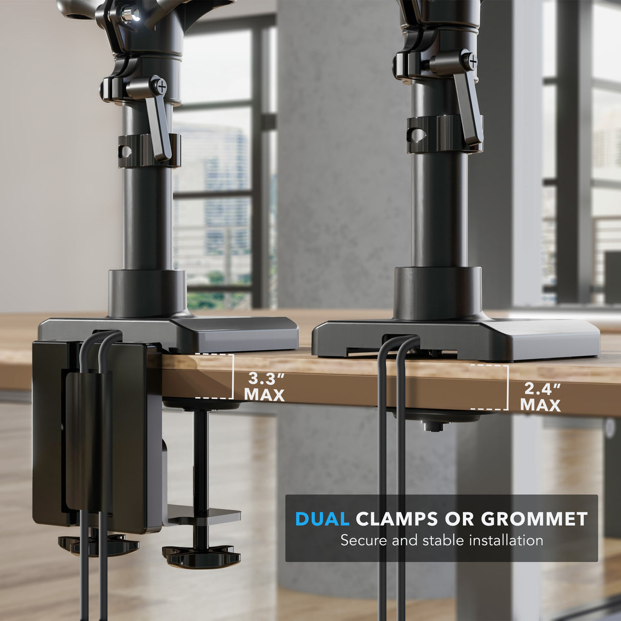 Close-up view of the dual clamp and grommet installation options for the Triple Monitor Mount with Gas Spring Arms and USB Ports, showing secure attachment on a desk edge with a maximum thickness of 3.3 inches for the clamp and 2.4 inches for the grommet, highlighting sturdy support and versatile mounting for ergonomic multi-monitor setups.