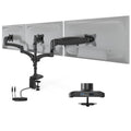 Triple Monitor Mount with Gas Spring Arms and USB Ports by Mount-It! shown holding three monitors, featuring adjustable gas spring arms for easy positioning, dual USB-A and USB-C ports integrated into the mount, dual clamp and grommet installation options, sleek black aluminum construction designed to support up to 32-inch screens and improve desk space and ergonomic comfort.