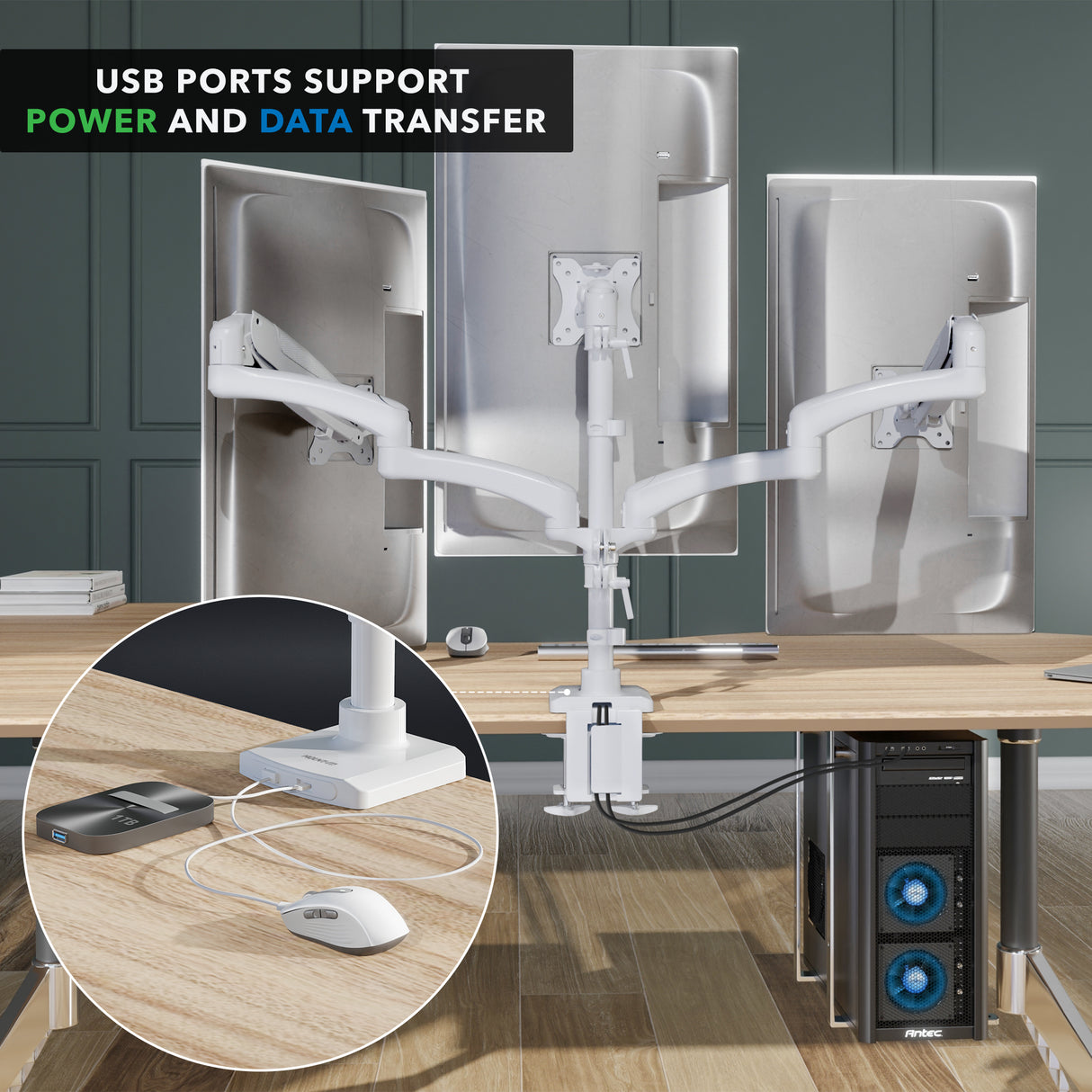 Triple Monitor Mount with Gas Spring Arms and USB Ports showcases a sleek white aluminum triple monitor arm setup attached to a wooden desk, holding three flat-screen monitors. The image highlights integrated USB-A and USB-C ports supporting power and data transfer, shown with connected charging cables to devices on the desk, emphasizing ergonomic, space-saving design and convenient connectivity for productivity.