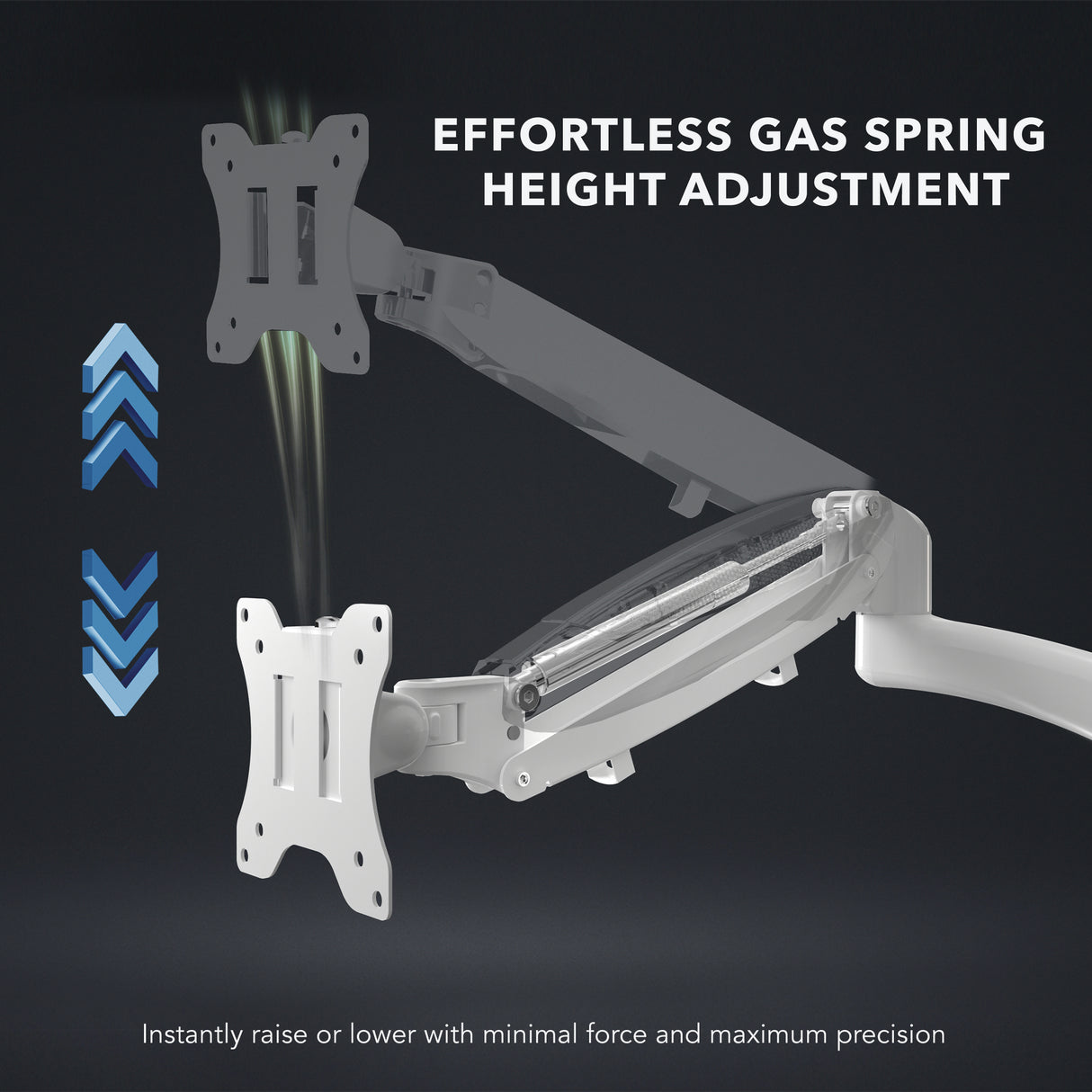 Close-up of the gas spring arm mechanism on the Triple Monitor Mount with Gas Spring Arms and USB Ports, demonstrating effortless height adjustment with arrows indicating smooth vertical movement, highlighting the ability to instantly raise or lower monitors with minimal force and precise control for ergonomic setup.