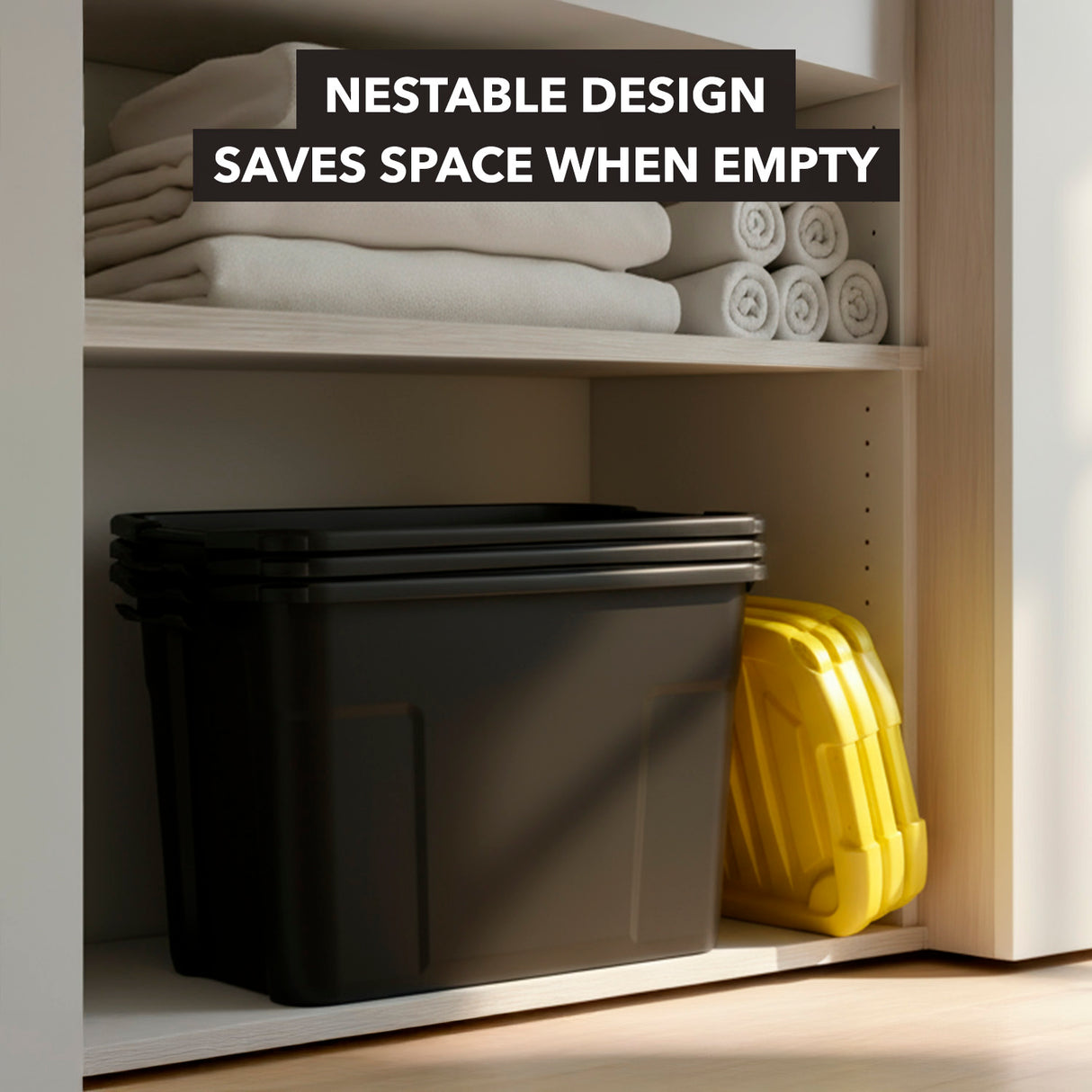 Mount-It! Heavy-Duty Storage Bins with Lids are nested together on a shelf beside a yellow case, with folded towels above. Text reads: Stackable organizer design saves space when empty. The scene is well lit and organized.