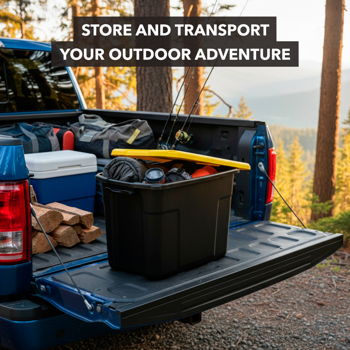A pickup with its tailgate down holds a Mount-It! Heavy-Duty Storage Bin with Lid, outdoor gear, firewood, a cooler, and fishing rods near a forested mountain view. Text: Store and transport your outdoor adventure.