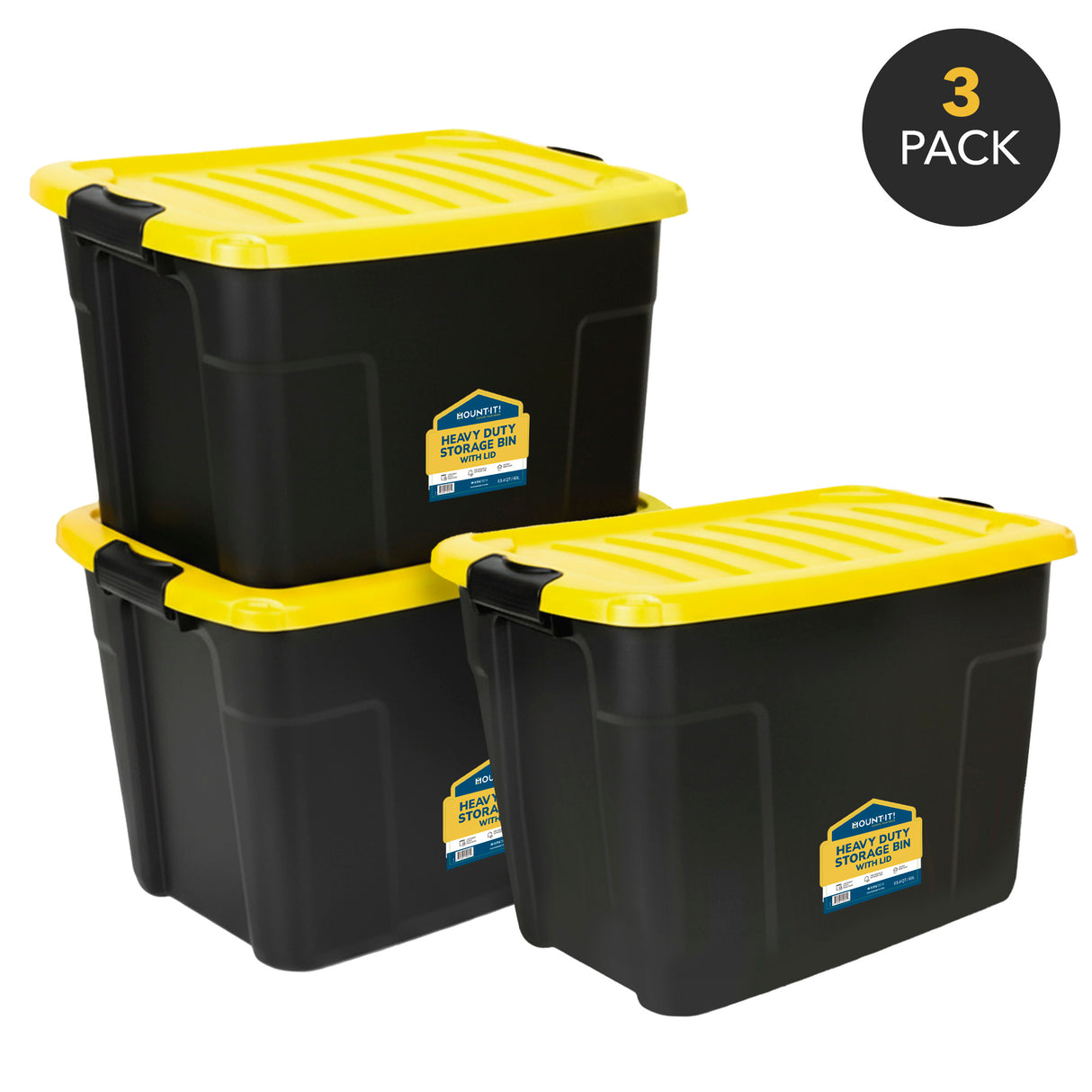 Three Mount-It! Heavy-Duty Storage Bins with bright yellow lids are stacked together, each labeled for its purpose. A circular corner sign reads "3 Pack.