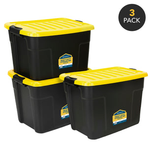 Three Mount-It! Heavy-Duty Storage Bins with bright yellow lids are stacked together, each labeled for its purpose. A circular corner sign reads "3 Pack.