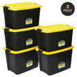 Five Mount-It! Heavy-Duty Storage Bins with yellow lids are stacked in two columns against a white background. Each bin has a label for easy ID, and a “5 Pack” circle highlights the set—ideal for organizing any space.