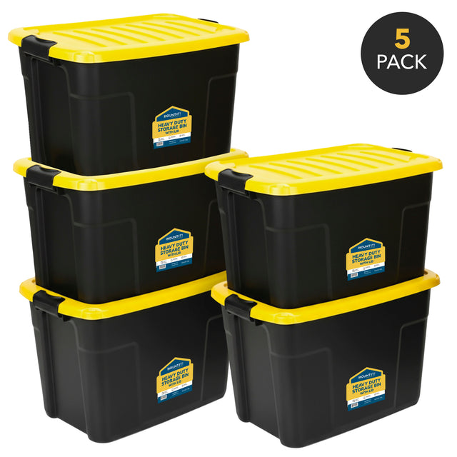 Five Mount-It! Heavy-Duty Storage Bins with yellow lids are stacked in two columns against a white background. Each bin has a label for easy ID, and a “5 Pack” circle highlights the set—ideal for organizing any space.