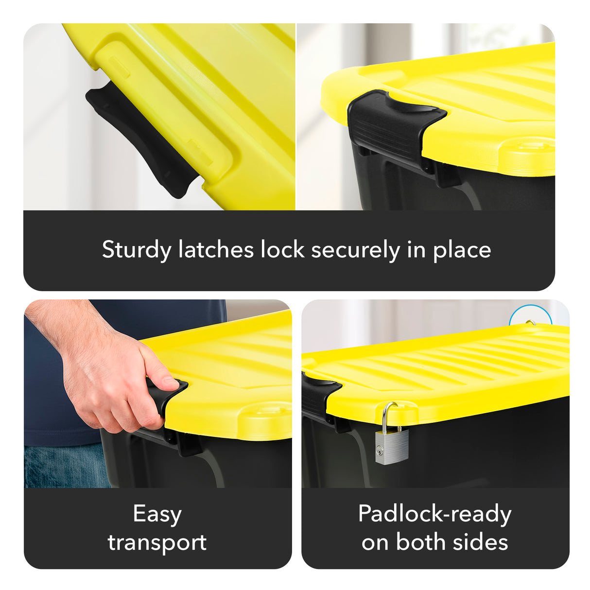 Collage of Mount-It! Heavy-Duty Storage Bin with Lid: yellow-lidded black design, sturdy latches, stackable, easy-carry handle, and padlock-ready lid. Text highlights latching security, portability, and lockability.