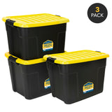 Three Mount-It! Heavy-Duty Storage Bins with yellow lids are stacked together. Each labeled bin is stackable for easy use, and a “3 PACK” sign is shown in the top right corner.