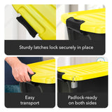 The Mount-It! Heavy-Duty Storage Bin with Lid is shown in yellow, featuring black latches, a sturdy handle for easy carrying, and a padlock hole on the lid. Close-ups and text highlight each key feature.