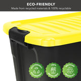 The Mount-It! Heavy-Duty Storage Bin with Lid is featured in black with a yellow lid under an "Eco-friendly: Made from recycled materials & 100% recyclable" banner, with green icons showing its stackable and eco-friendly design.
