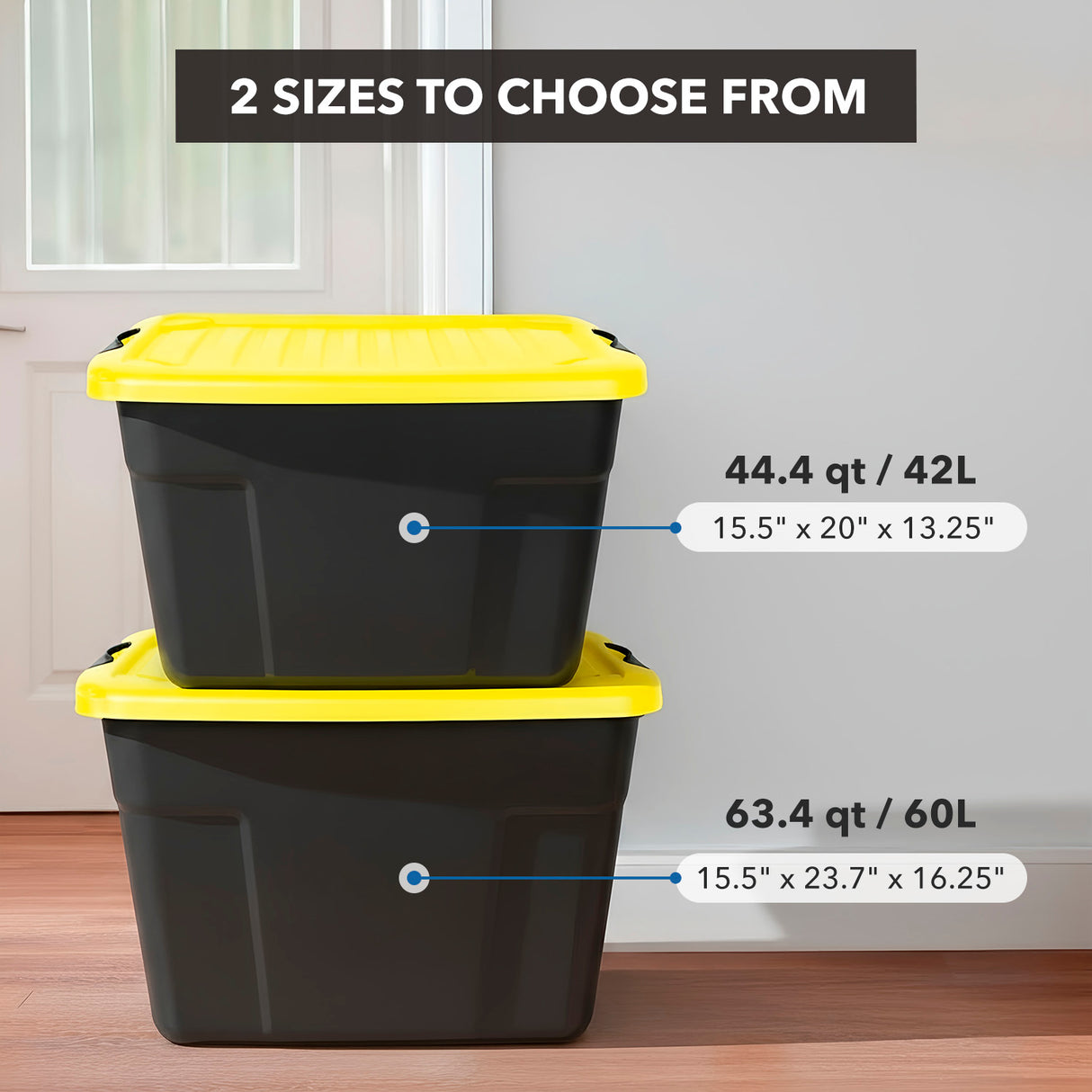 Two Mount-It! Heavy-Duty Storage Bins with yellow lids—44.4 qt/42L and 63.4 qt/60L—are stacked by a door. Labels show both sizes, and text says "2 sizes to choose from" for all your organizing needs.