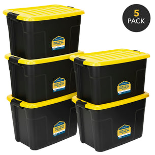 Five Mount-It! Heavy-Duty Storage Bins with yellow lids are stacked together. Each bin has a blue and yellow label, and a circular corner label reads "5 Pack.