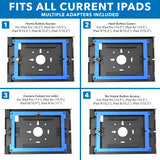Diagram displays four Mount-It! Anti-Theft Tablet Wall Mount options for iPad, iPad Air, and iPad Pro, showing home button access, hard button cover, camera cutout, and no home button access. Compatible with various models and lockable swing arm stands.