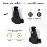 Mount-It! Secure Universal Tablet Floor Stand with Lock: Tablet is placed in a black, lockable mount. Diagrams show inserting and locking with key. Turn key clockwise to lock, counter-clockwise to unlock—perfect for any retail kiosk.