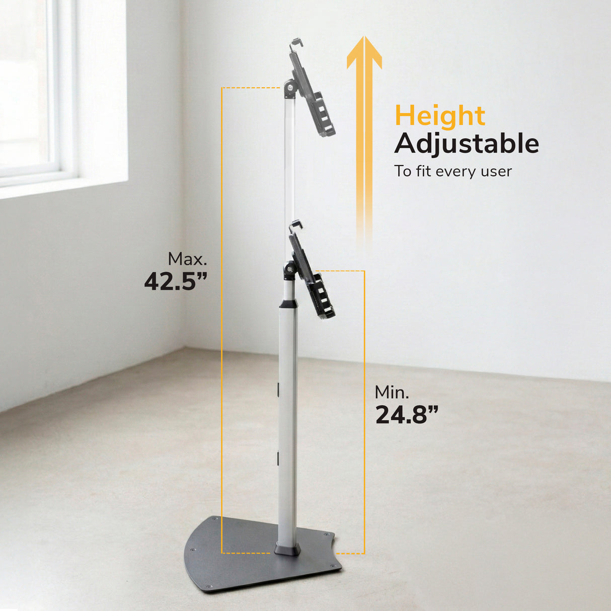 The Mount-It! Secure Universal Tablet Floor Stand with Lock is displayed in a bright room, showing a max height of 42.5" and min height of 24.8". Text reads "Height Adjustable to fit every user," with an upward yellow arrow.