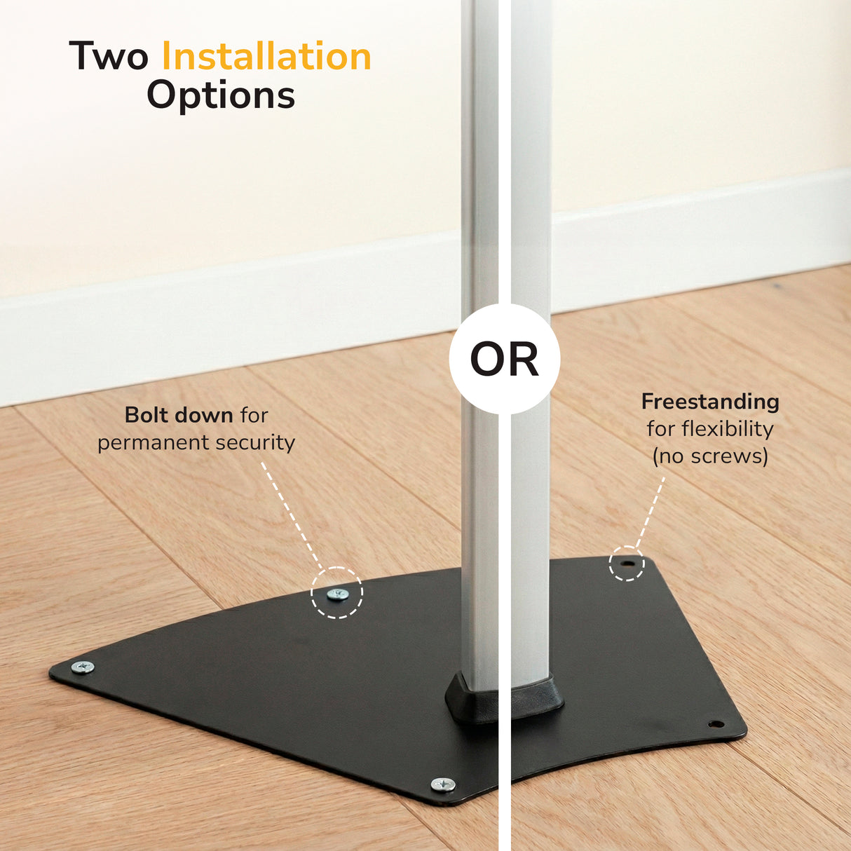 The Mount-It! Secure Universal Tablet Floor Stand with Lock features a triangular black base and two setup options—bolt down for security or freestanding for flexibility—perfect as a retail kiosk or lockable mount.